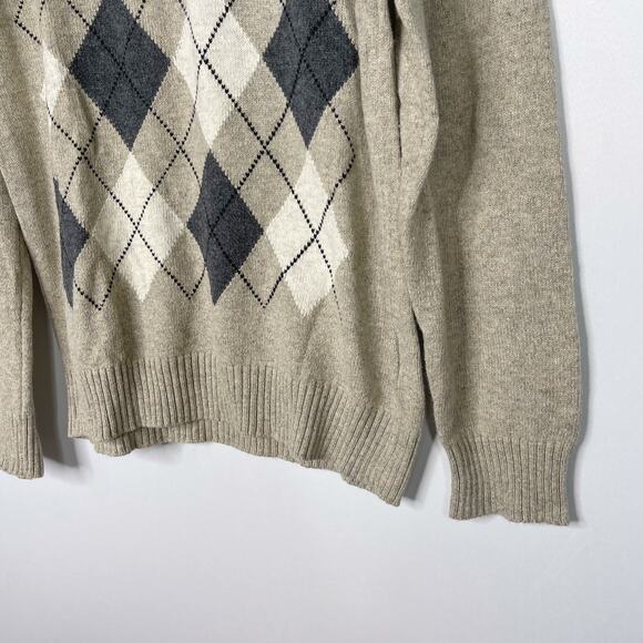 Banana Republic Mens M Taupe Cream Argyle V Neck Cotton Wool Sweater Pullover - Picture 4 of 7